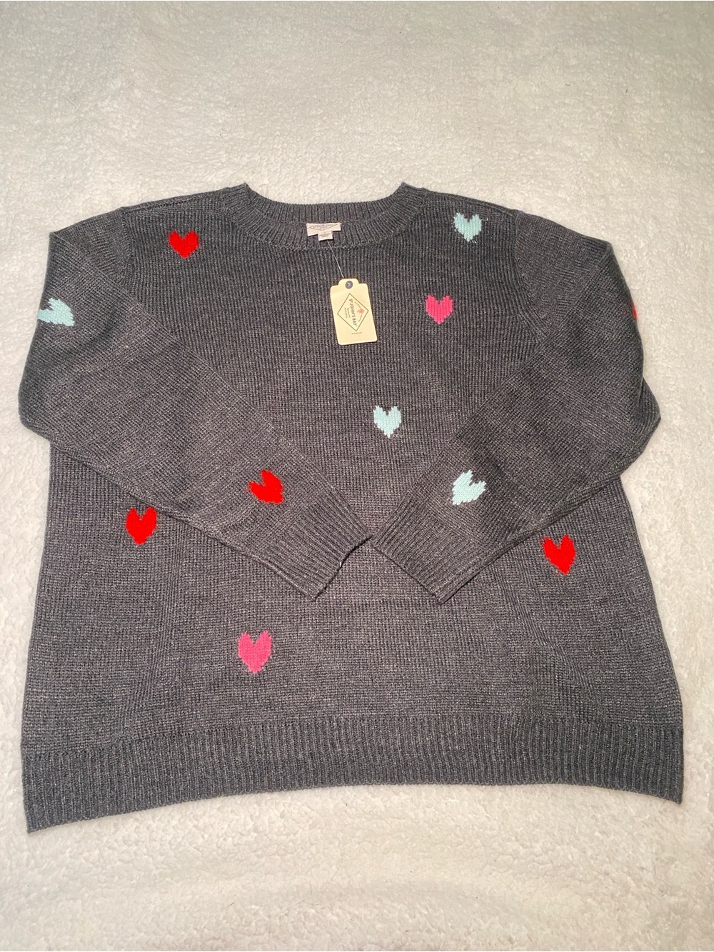 St. John's Bay Charcoal Crewneck Sweater with Red, Pink & Light Blue Hearts